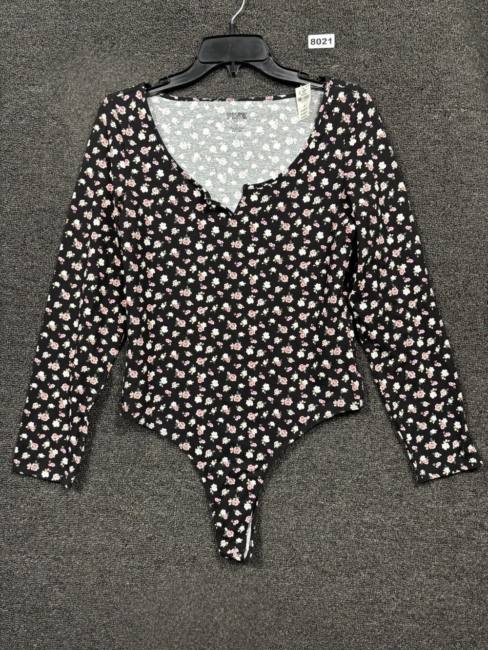 Victoria's Secret PINK Bodysuit Womens Large Black Floral Long Sleeve Stretch